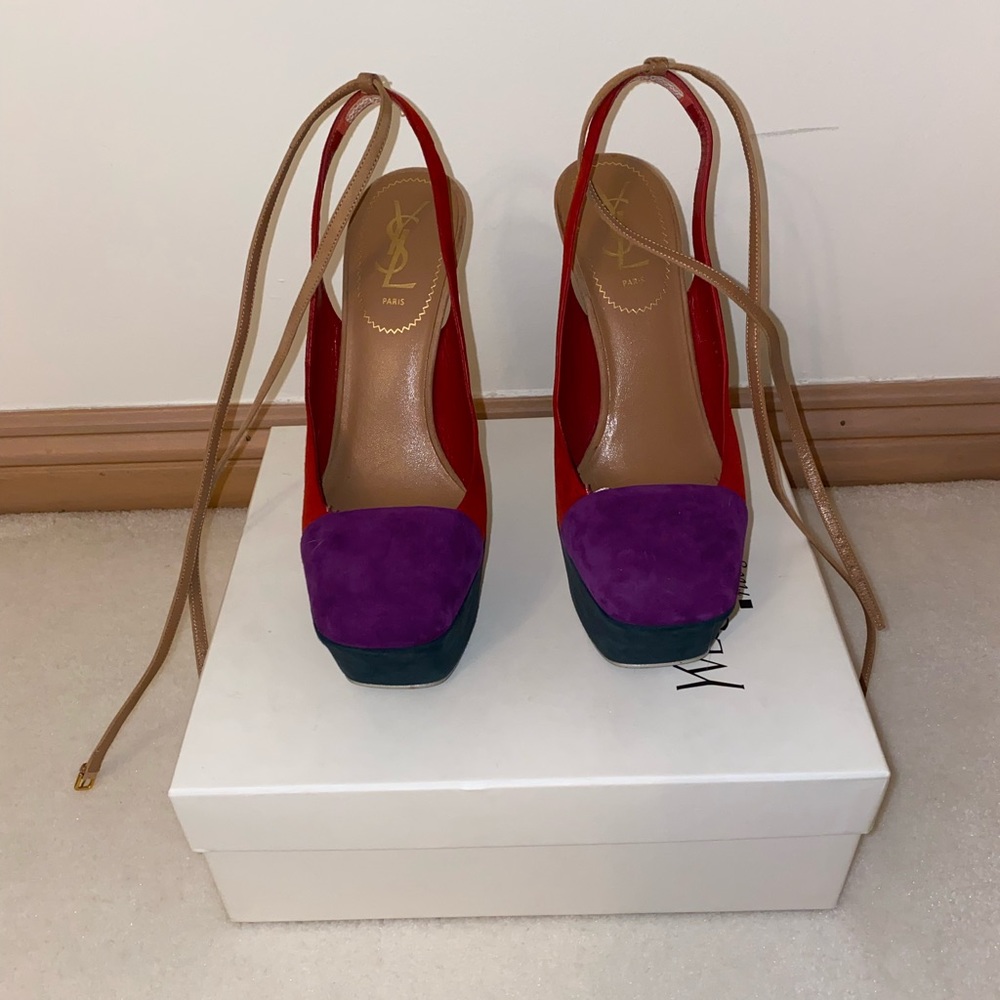YSL Suede Colorblock Pattern Slingback Pumps